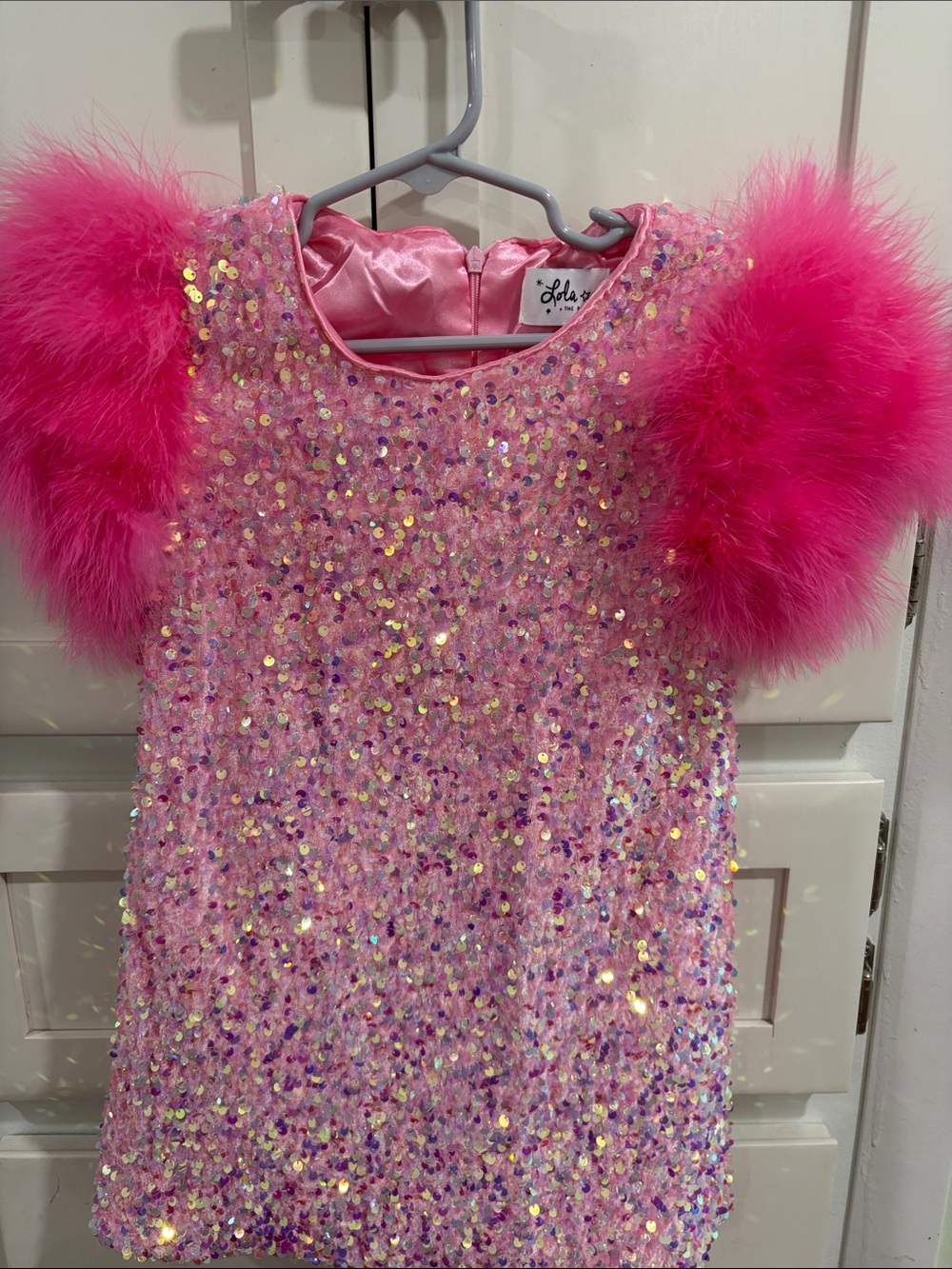 Lola + The Boys Hot Pink Sequin Dress with Feather Puff Sleeves